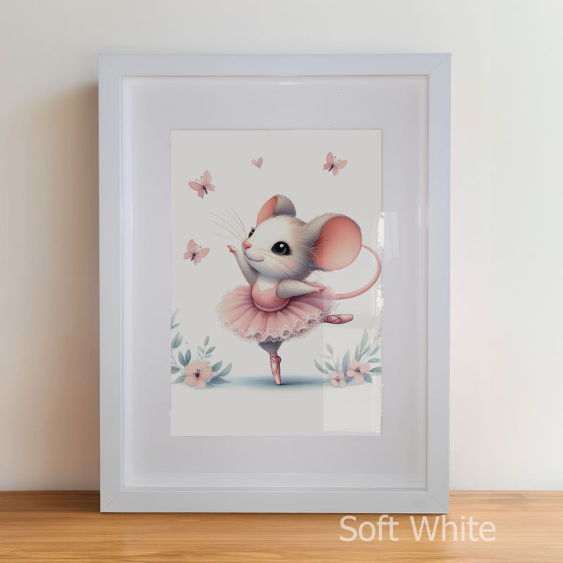 Framed artwork of a ballerina mouse with butterflies and flowers on a light background.