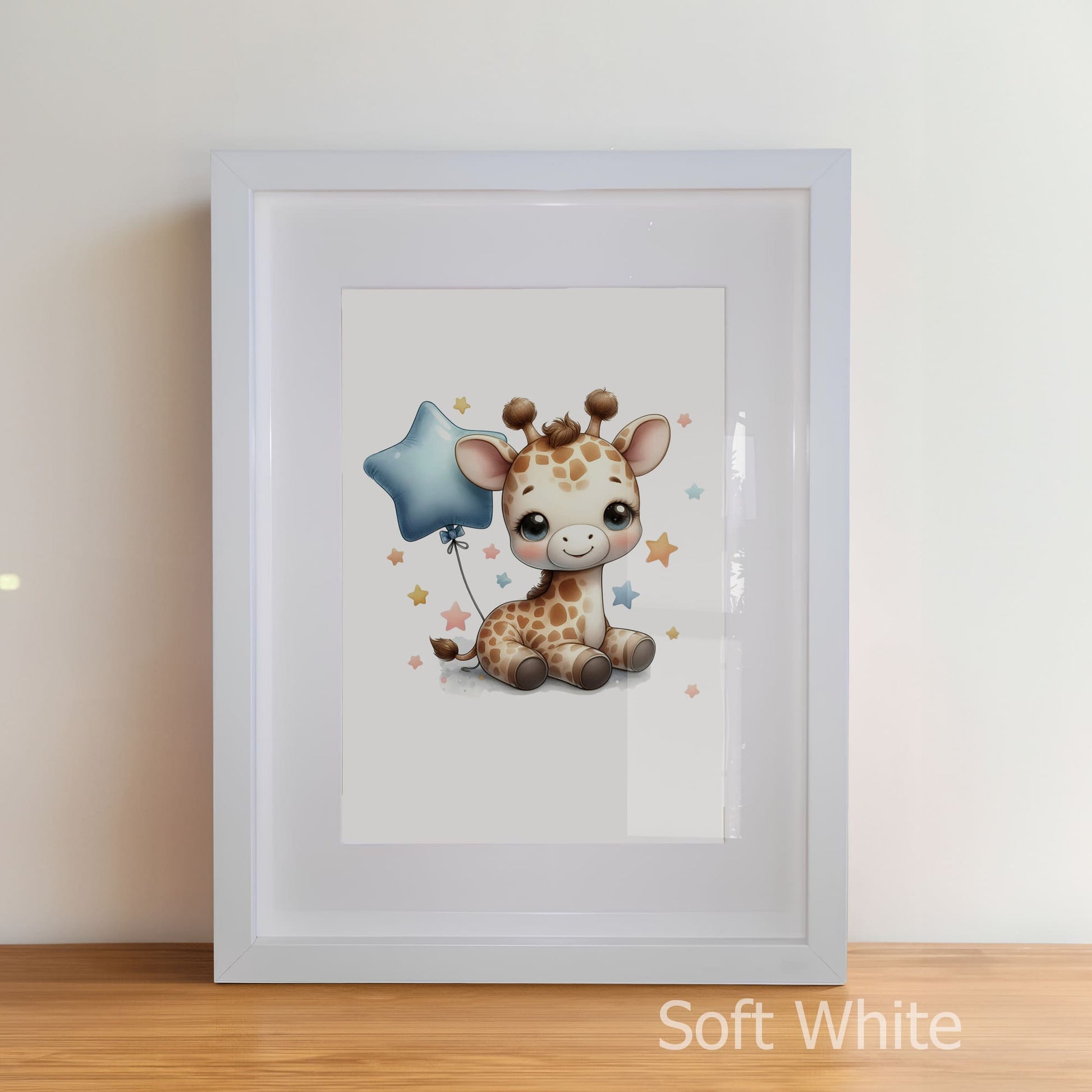 Framed artwork of a cute giraffe holding a blue star balloon on a white background.
