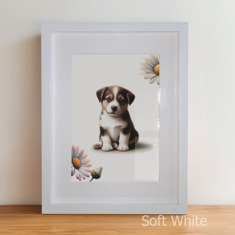Framed picture of a puppy with flowers on a light background