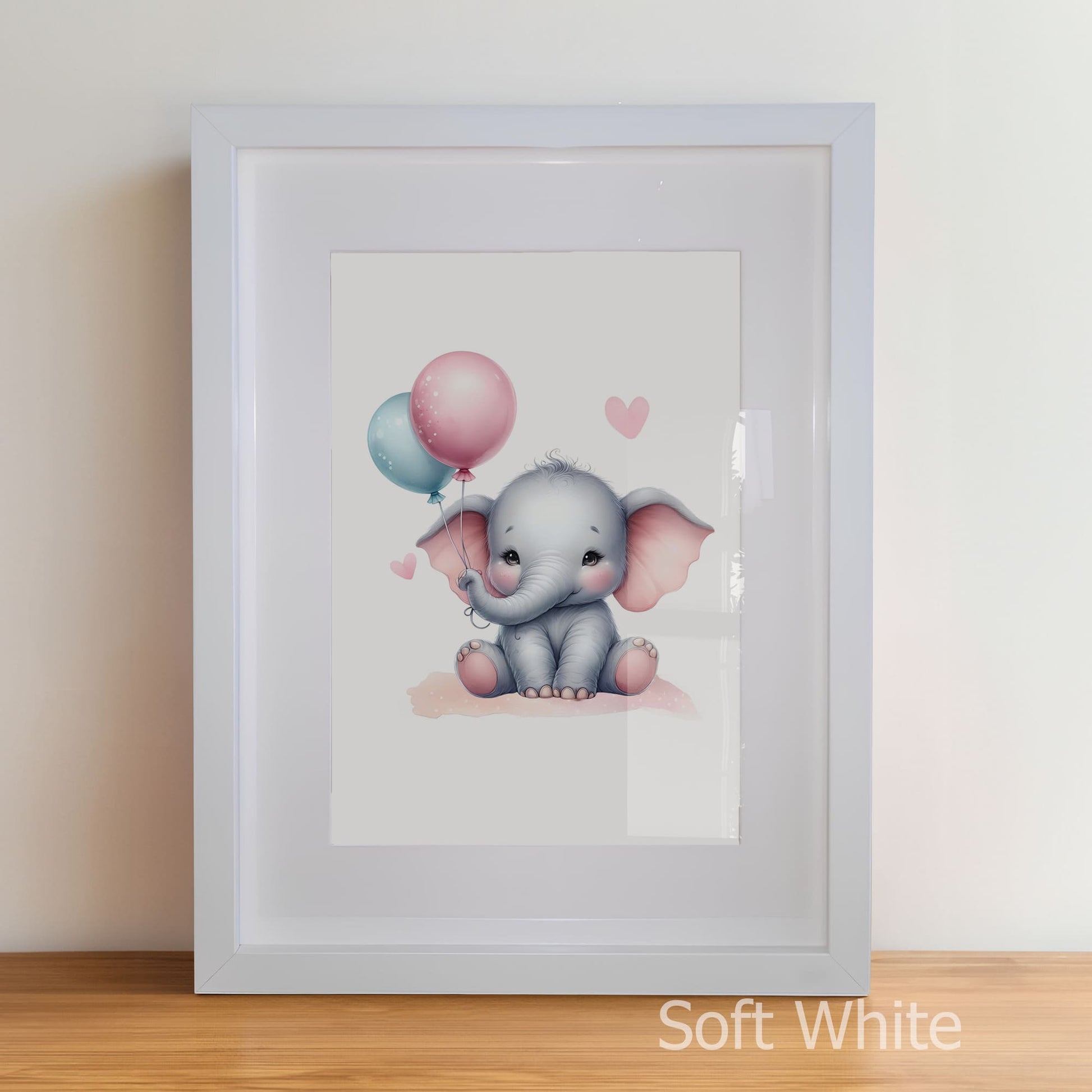Framed artwork of a cartoon elephant with balloons on a plain background
