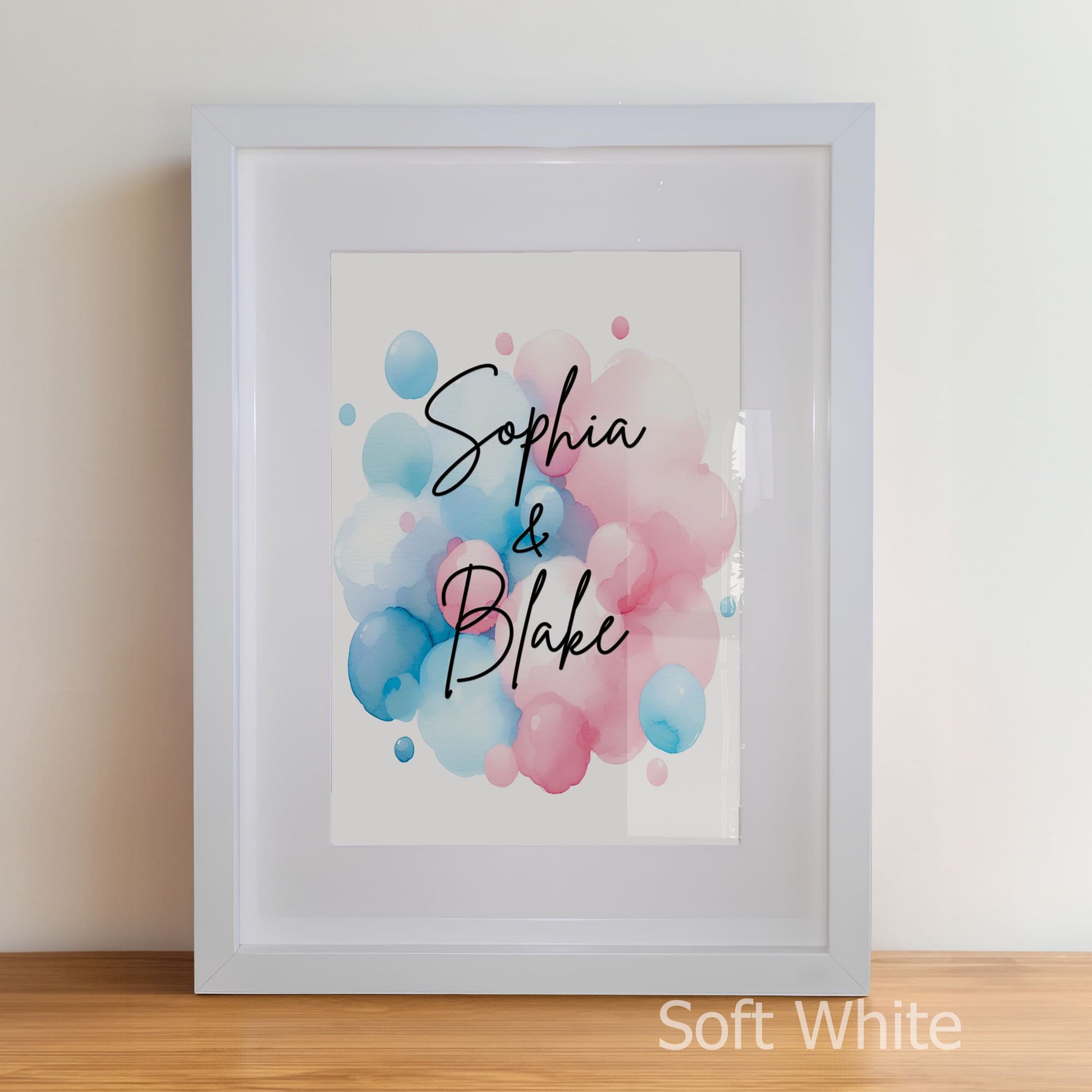 Personalised Childrens Nursery Art in a soft white matte frame witha acrylic pane