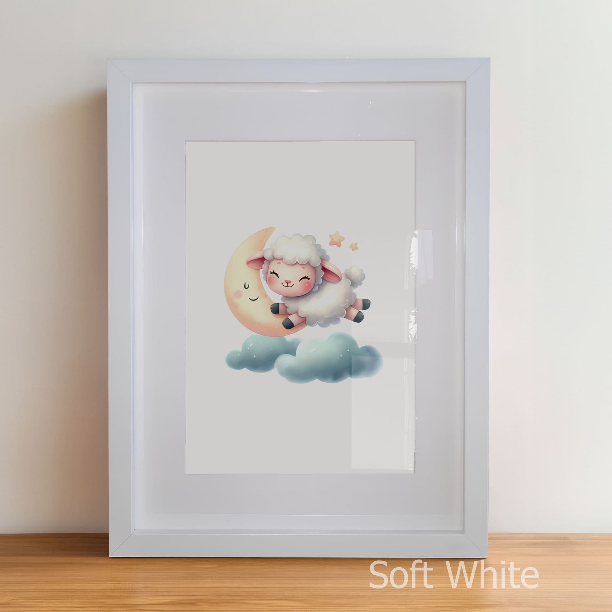 Framed artwork of a cartoon sheep on a moon with a soft white border.