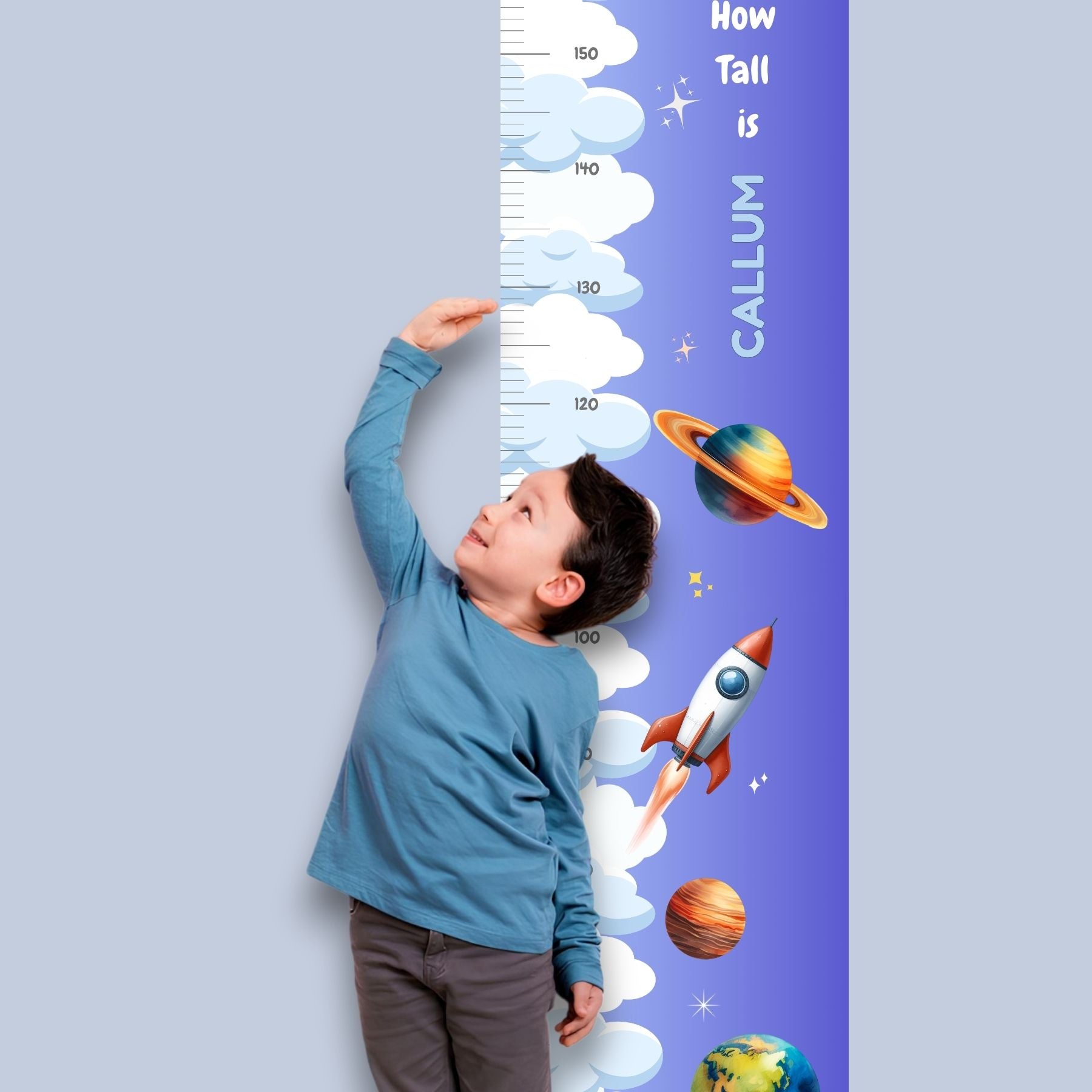 Space-themed personalised height chart for kids, blue background with featuring rockets, planets, and stars. Perfect for tracking your child's growth in a fun and adventurous way.