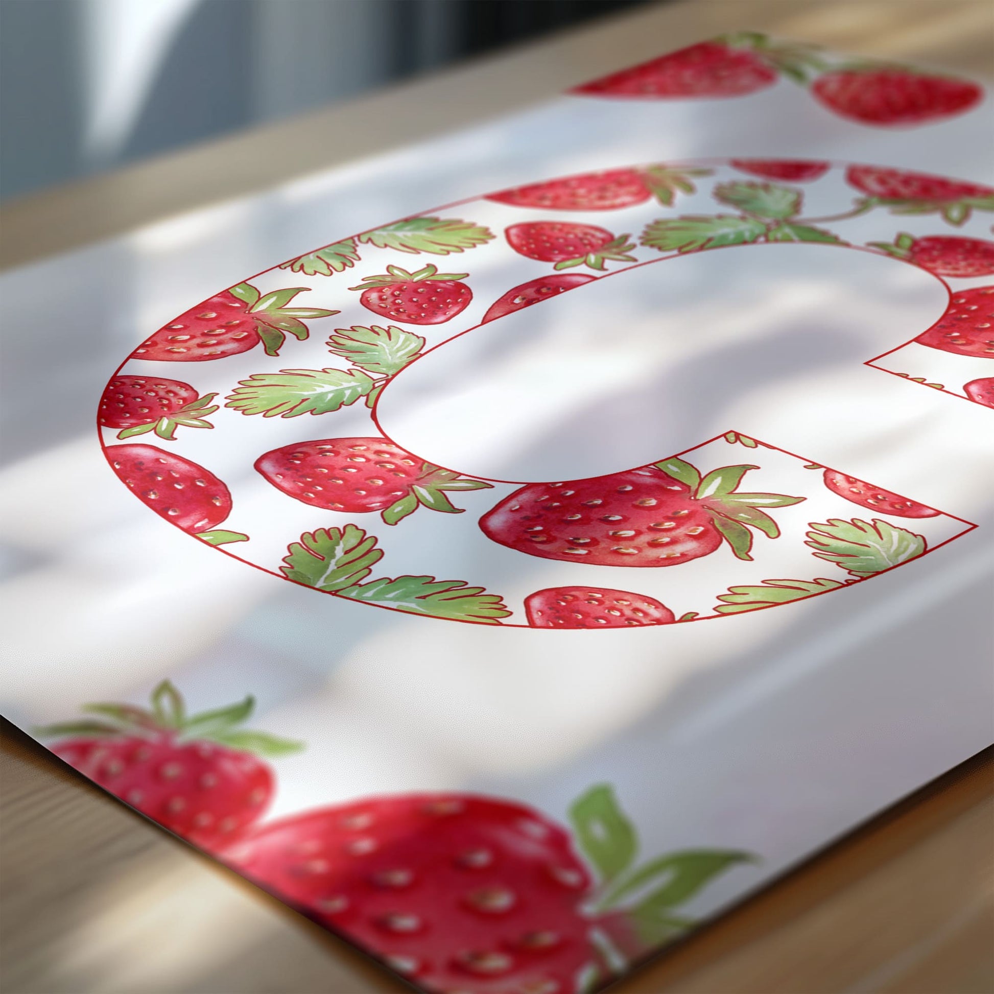 Strawberry nursery wall art set – includes a personalised name print with pink stripes and strawberry illustration, a full alphabet initial filled with strawberries, and a repeating fruit pattern. Custom room decor, ideal for baby nursery or toddler bedroom.