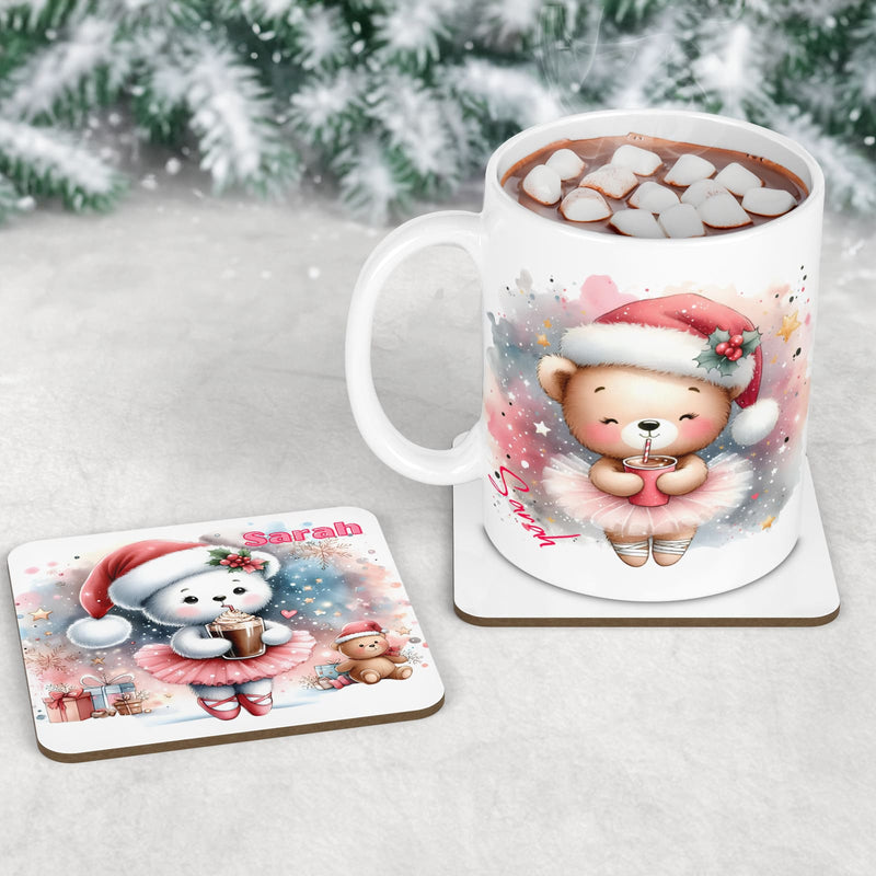 Mug and Coaster set featuring ballerina teddy bears dressed in santa hats. Primarily shades of pink. Personalised with childs name