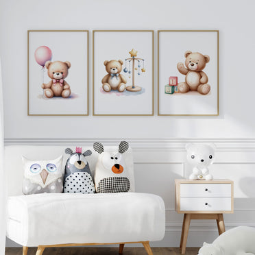 Set of three A4 prints in watercolour style. Each print depicts a teddy bear in a different scene: one teddy bear is holding a balloon, another is surrounded by counting blocks, and the third is near a mobile.