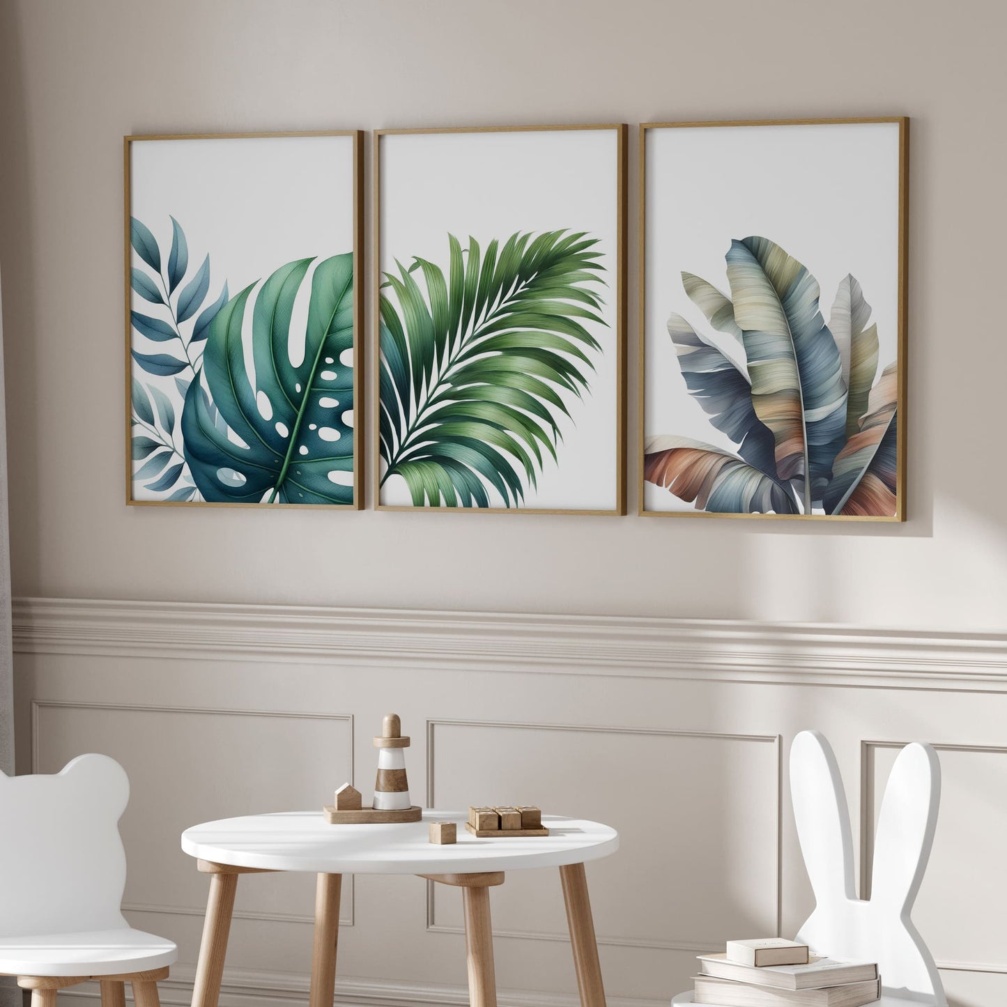 Three botanical prints featuring banana plant and palm leaves on a elegant white background, creating a calm, tropical-inspired aesthetic.