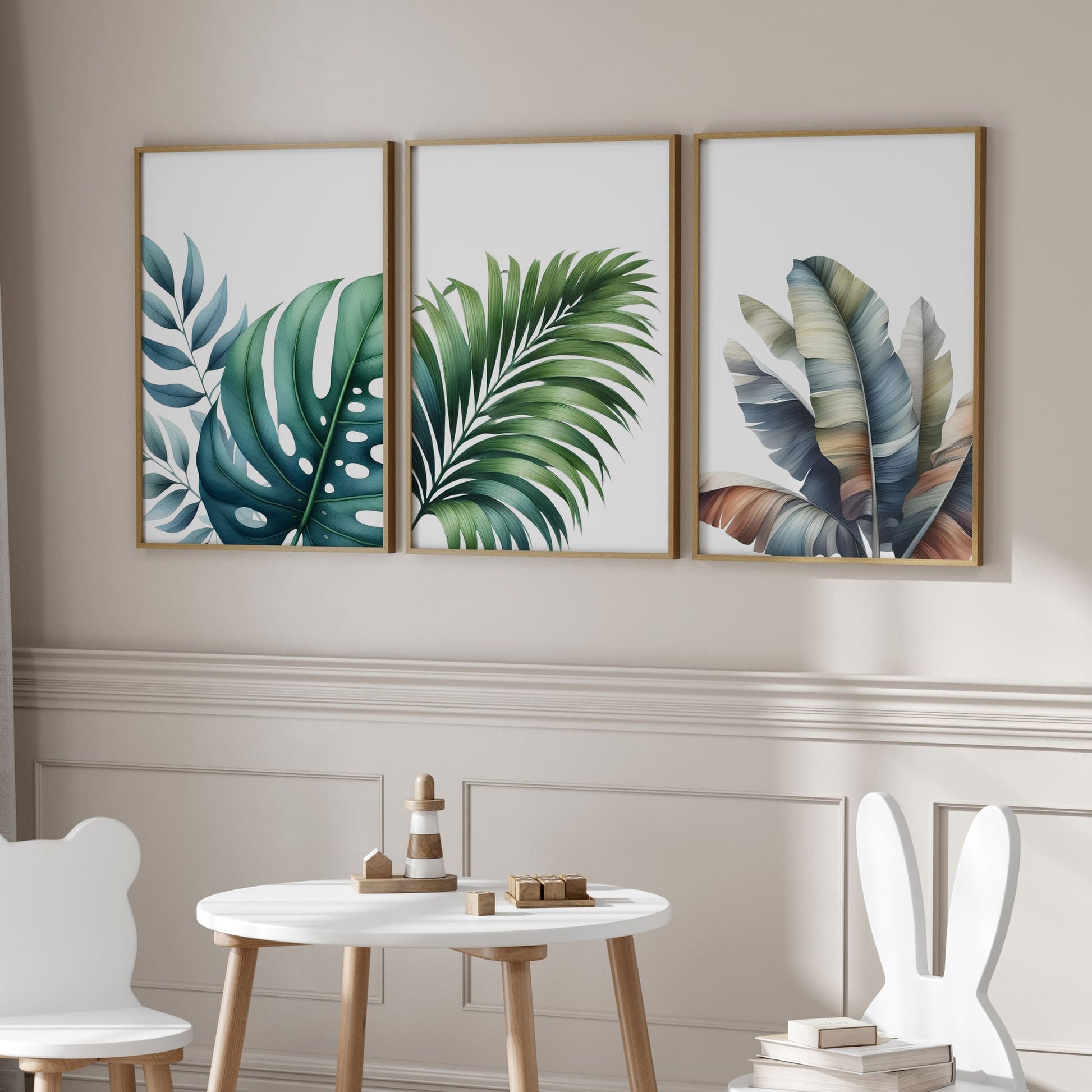 Three botanical prints featuring banana plant and palm leaves on a elegant white background, creating a calm, tropical-inspired aesthetic.