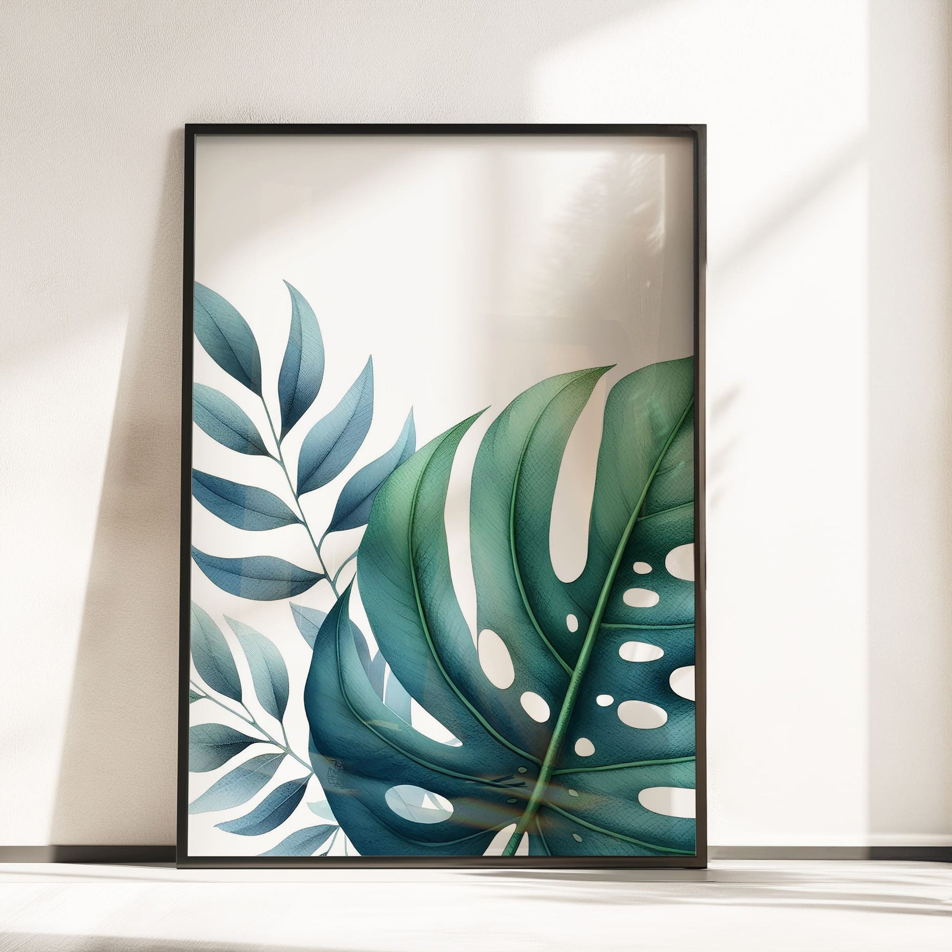 Three botanical prints featuring banana plant and palm leaves on a elegant white background, creating a calm, tropical-inspired aesthetic.