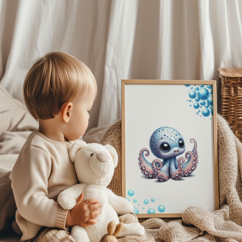 Set of three A4 prints featuring baby ocean animals - whale, shark, and octopus. The animals are depicted in a cute, cartoony, bright style resembling coloured pencil drawings. Blue bubbles decorate the edges of the prints. The middle print features a smaller animal than the others, with a large initial letter in the background. A personalised name in black overlays the initial letter.