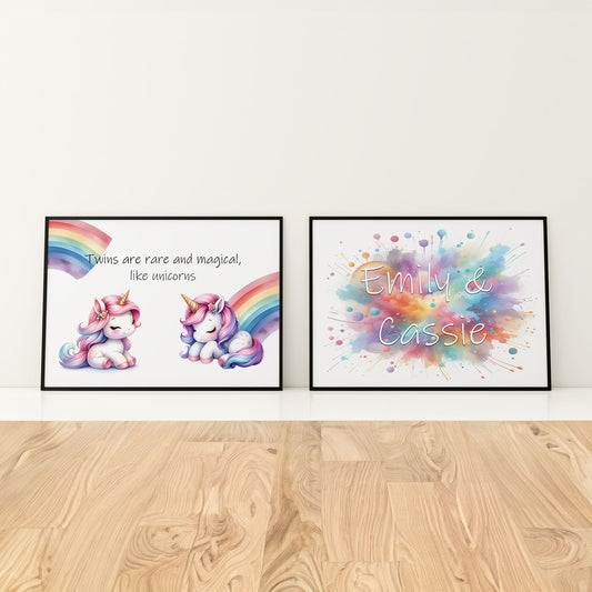 Two A4 prints for twins. One print shows 2 cute unicorns and rainbows and reads "Twins are rare and magical, like unicorns". The other print has multicoloured paint splashes with twins names in white across it