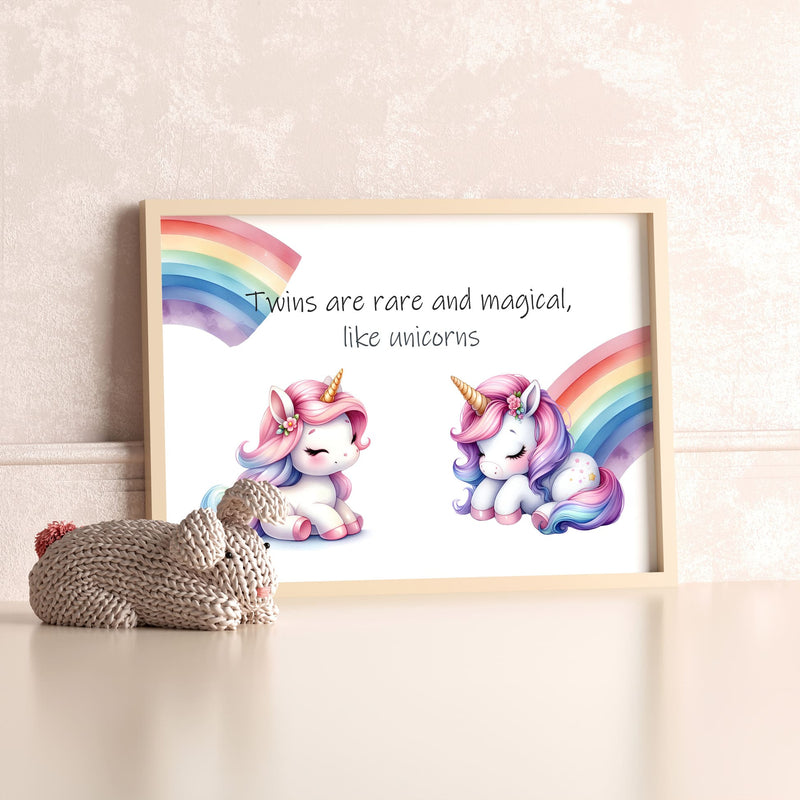 Two A4 prints for twins. One print shows 2 cute unicorns and rainbows and reads "Twins are rare and magical, like unicorns". The other print has multicoloured paint splashes with twins names in white across it