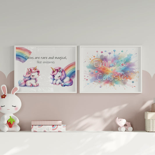 Two A4 prints for twins. One print shows 2 cute unicorns and rainbows and reads "Twins are rare and magical, like unicorns". The other print has multicoloured paint splashes with twins names in white across it