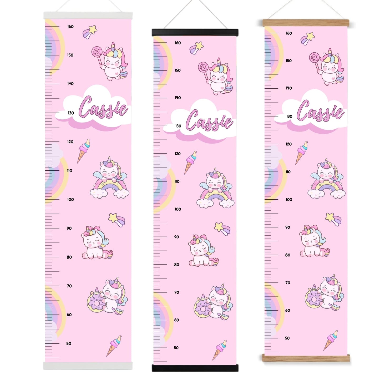 Childs height chart in pastel pink with a cute rainbow, unicorn  and icecream design. Personalised with childs name. Available on a black, white or natural hanger