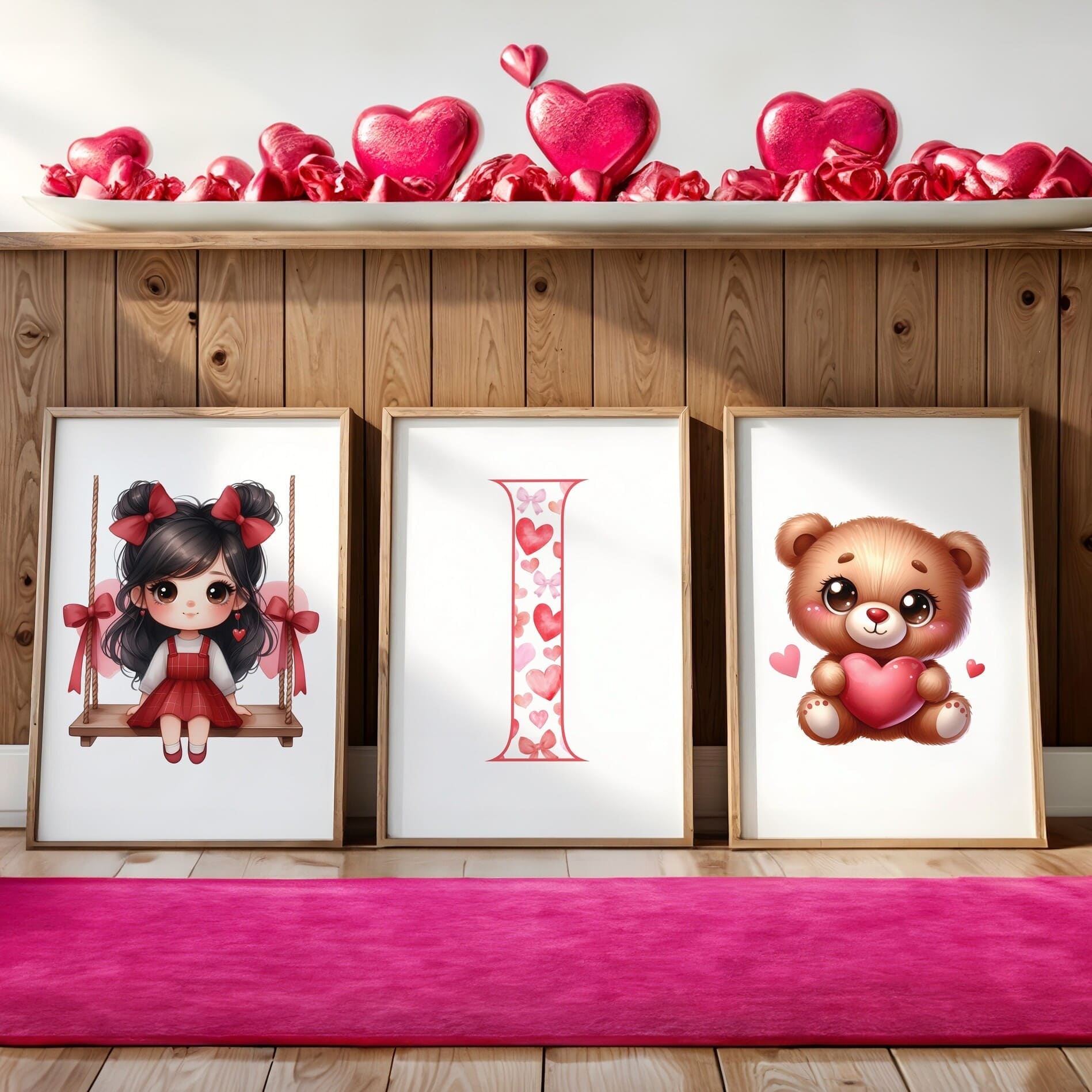 Three Valentines Theme Prints - one teddy bear, one patterned initial letter, one cartoon anime style girl with dark hair on a wooden swing