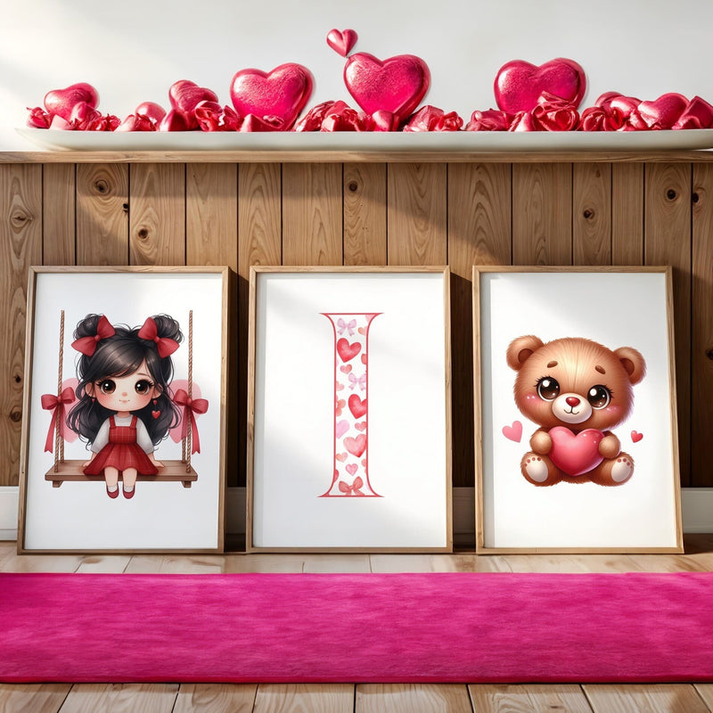 Three Valentines Theme Prints - one teddy bear, one patterned initial letter, one cartoon anime style girl with dark hair on a wooden swing
