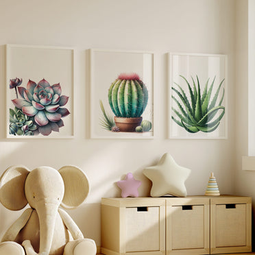 Three vibrant botanical prints featuring a cactus, succulent, and aloe vera, designed to bring bold greenery to any home or nursery.
