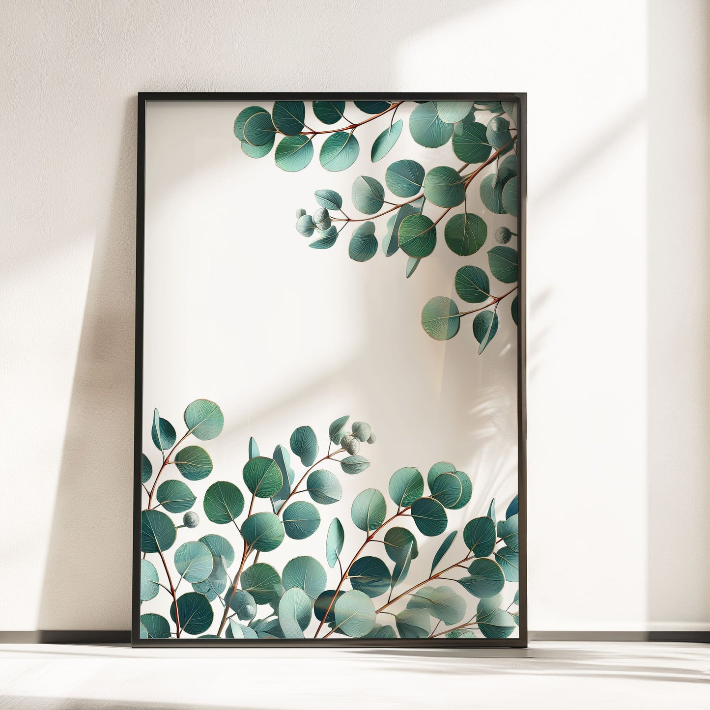 A set of three botanical prints with vibrant green fern, eucalyptus, and palm leaves on a clean white background, adding a fresh and natural vibe to home decor.