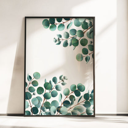 A set of three botanical prints with vibrant green fern, eucalyptus, and palm leaves on a clean white background, adding a fresh and natural vibe to home decor.