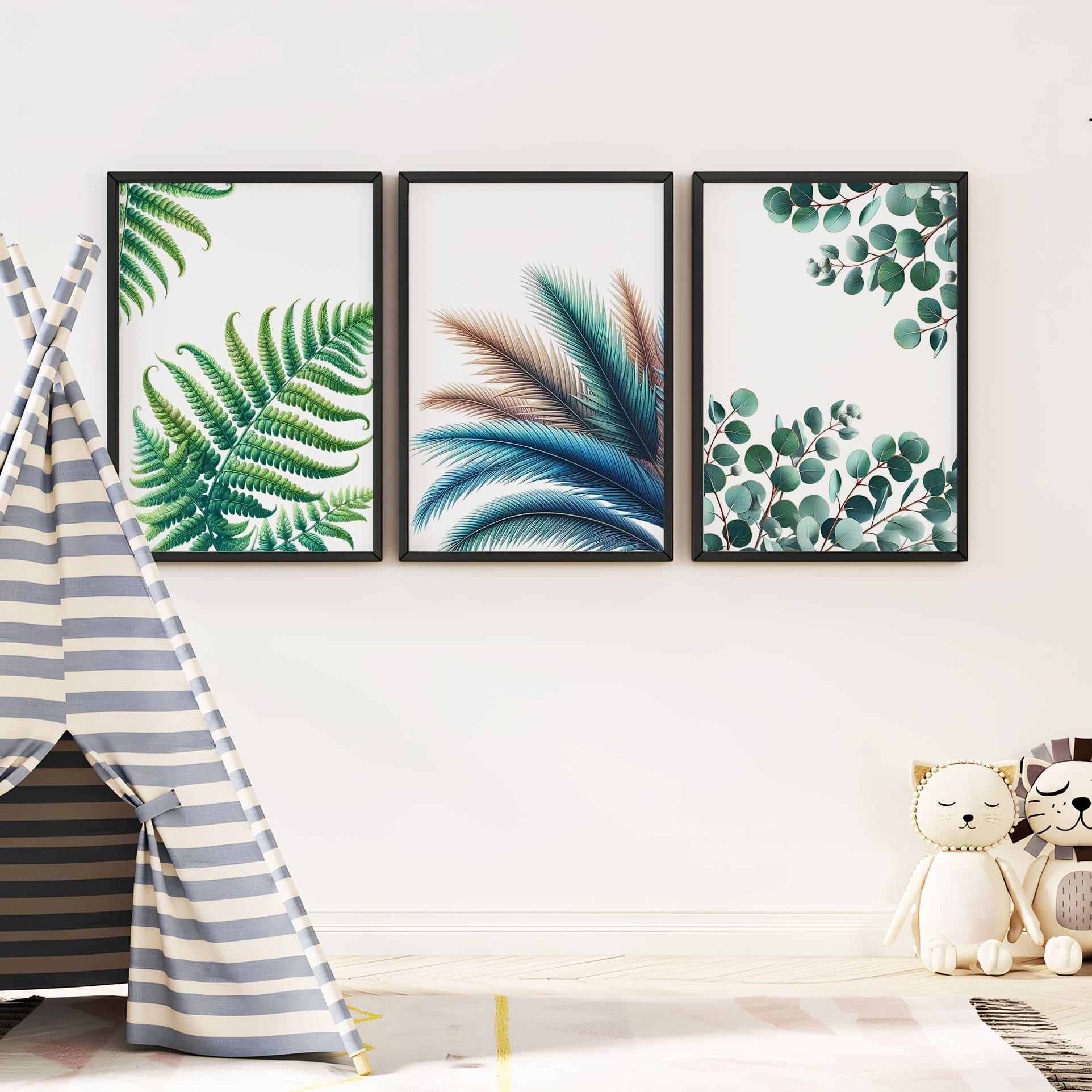 A set of three botanical prints with vibrant green fern, eucalyptus, and palm leaves on a clean white background, adding a fresh and natural vibe to home decor.