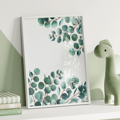 A set of three botanical prints with vibrant green fern, eucalyptus, and palm leaves on a clean white background, adding a fresh and natural vibe to home decor.