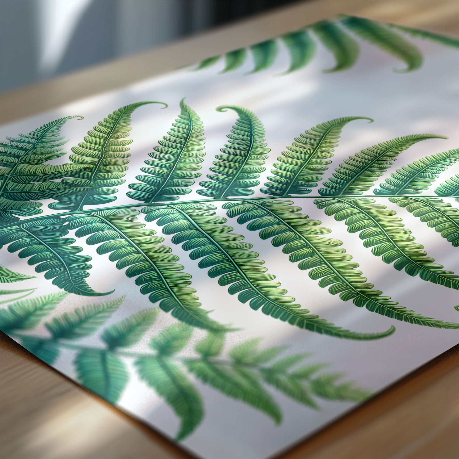 A set of three botanical prints with vibrant green fern, eucalyptus, and palm leaves on a clean white background, adding a fresh and natural vibe to home decor.
