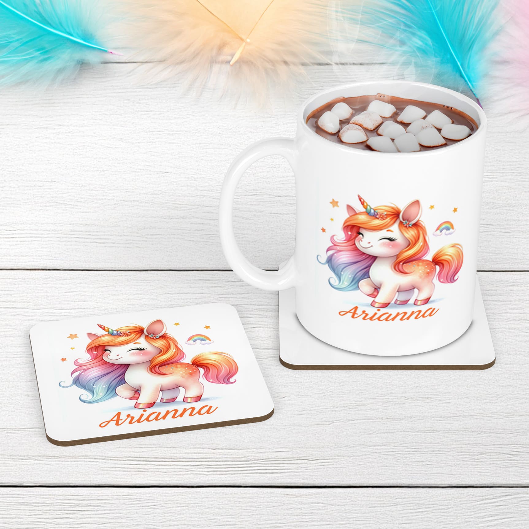 Vibrant warm tones unicorn design on a white coaster and mug set. All items personalised with childs name in orange