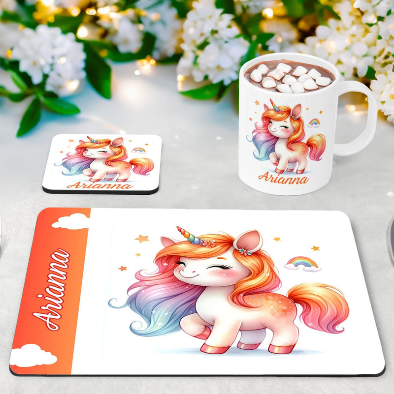 Vibrant warm tones unicorn design on a white placemat, coaster and mug set. All items personalised with childs name in orange