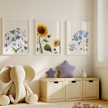Three botanical prints with vibrant coloured-pencil illustrations of a sunflower, bluebell, and forget-me-not, bringing a cheerful and nature-inspired touch to any space.