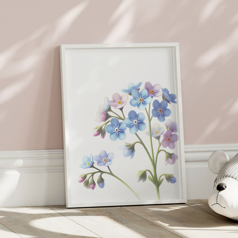 Three botanical prints with vibrant coloured-pencil illustrations of a sunflower, bluebell, and forget-me-not, bringing a cheerful and nature-inspired touch to any space.