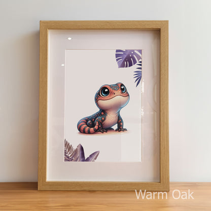 Framed artwork of a colorful lizard with leaf designs on a white background