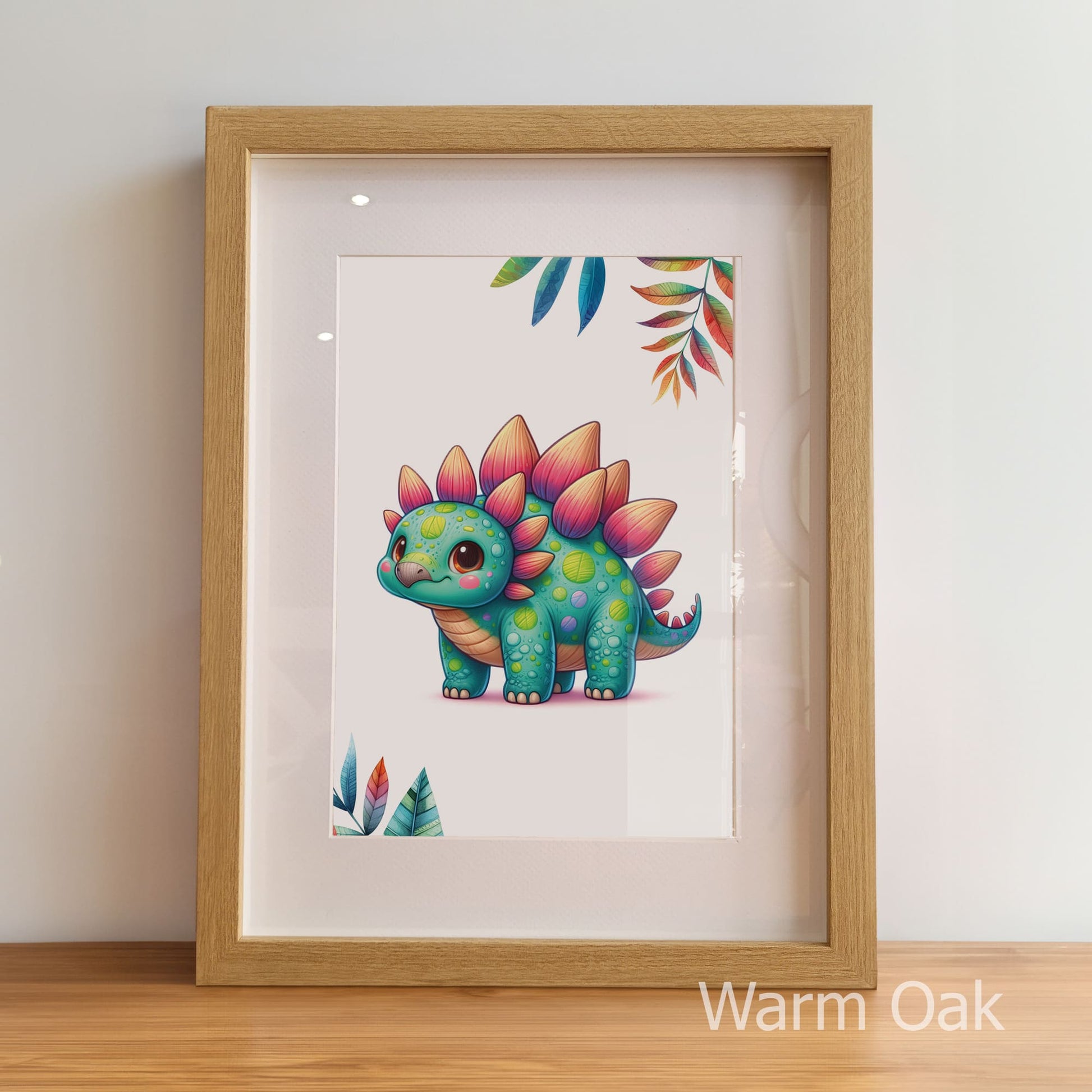 Framed illustration of a colorful dinosaur with leaves on a white background