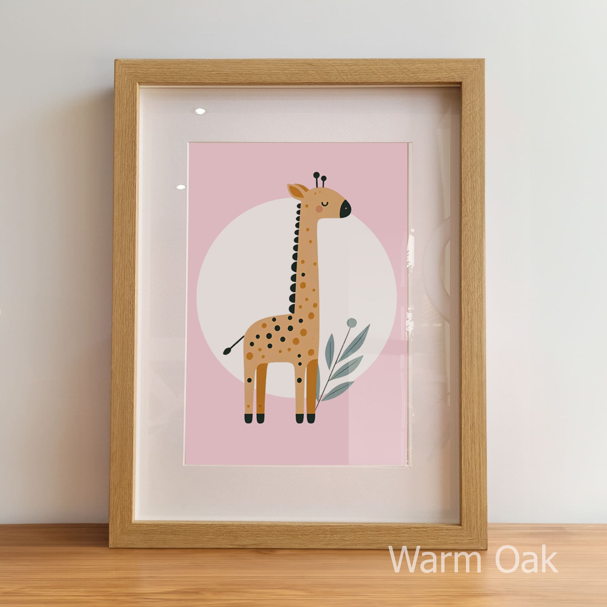 Framed artwork of a giraffe on a pink background with 'Warm Oak' frame.