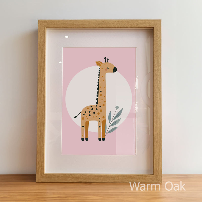 Framed artwork of a giraffe on a pink background with 'Warm Oak' frame.