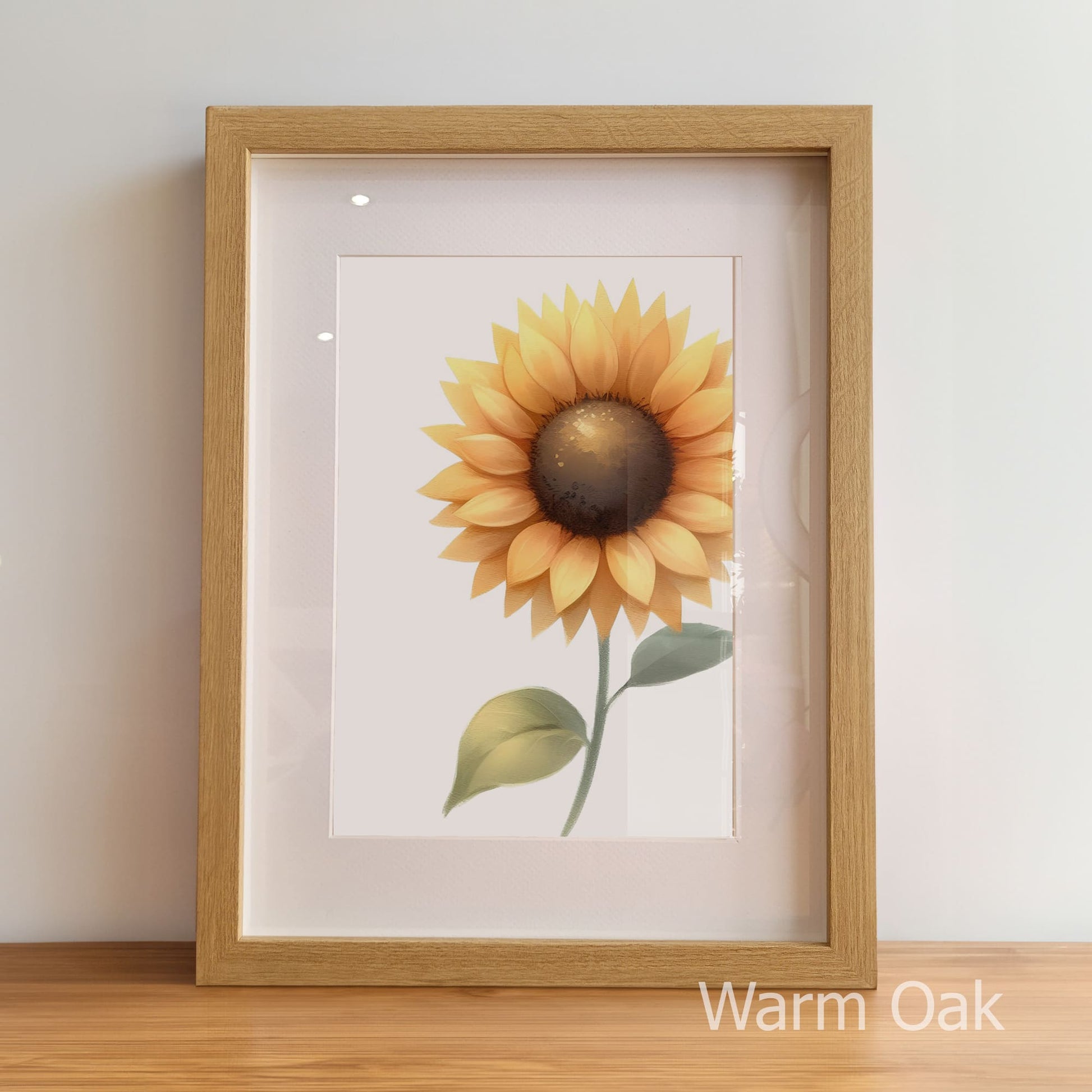 Framed artwork of a sunflower with 'Warm Oak' frame on a light background