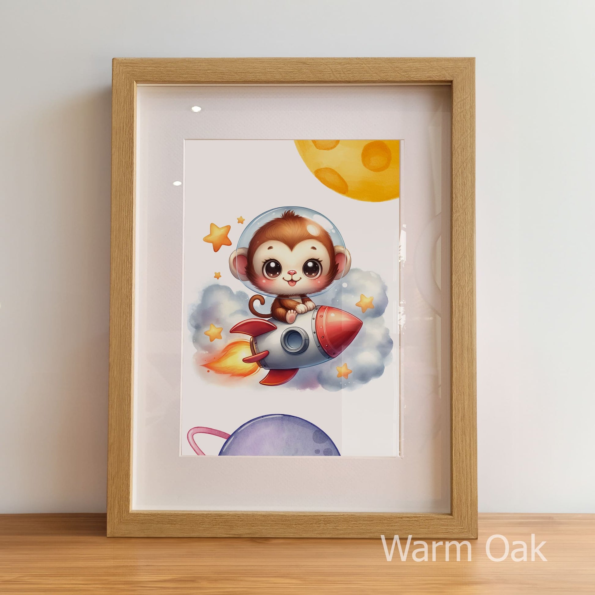 Framed artwork of a monkey on a rocket with a plain background
