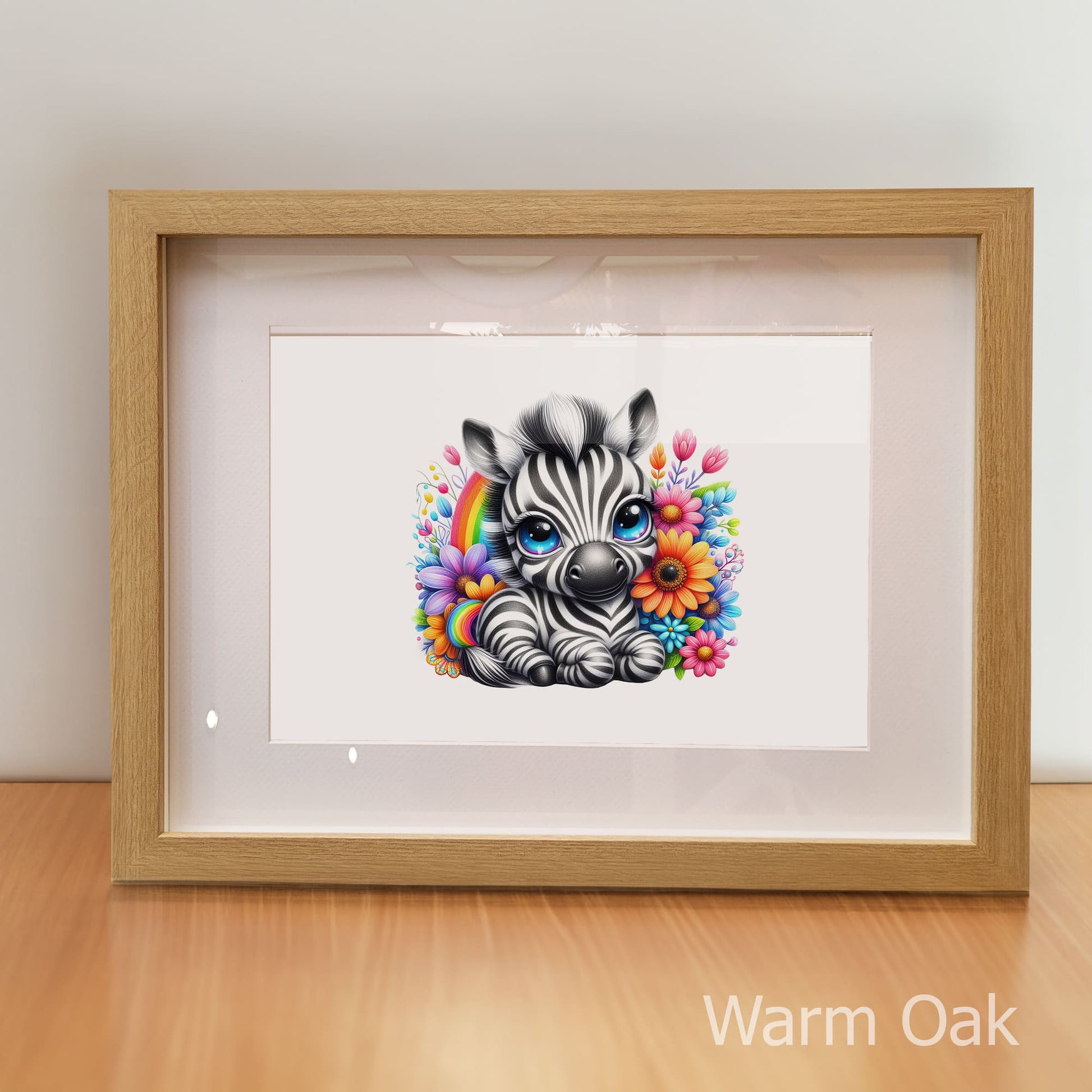 Framed artwork of a zebra surrounded by flowers and a rainbow on a white background.