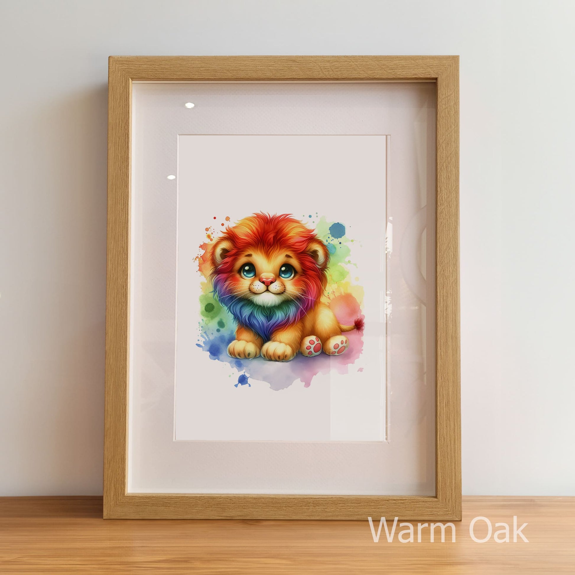 Framed artwork of a colorful lion on a white wall.