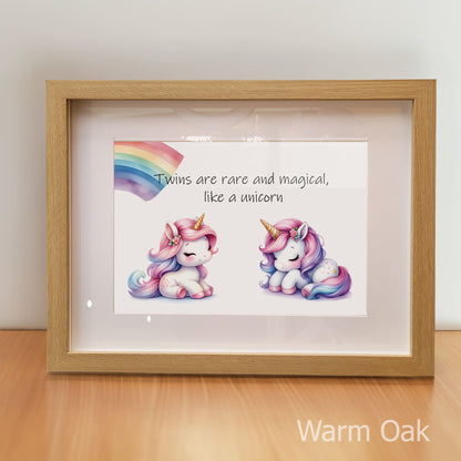 Framed artwork with unicorns and text on a wooden surface, branded 'Warm Oak'.