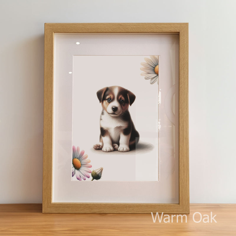 Framed artwork of a puppy with flowers on a white background
