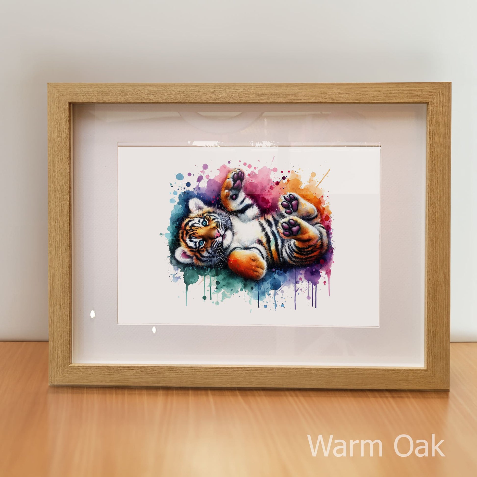 Framed artwork of a tiger on a white background with 'Warm Oak' frame.