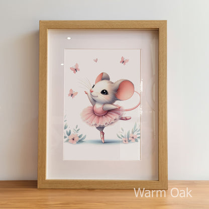 Framed artwork of a ballerina mouse with butterflies and flowers on a light background.
