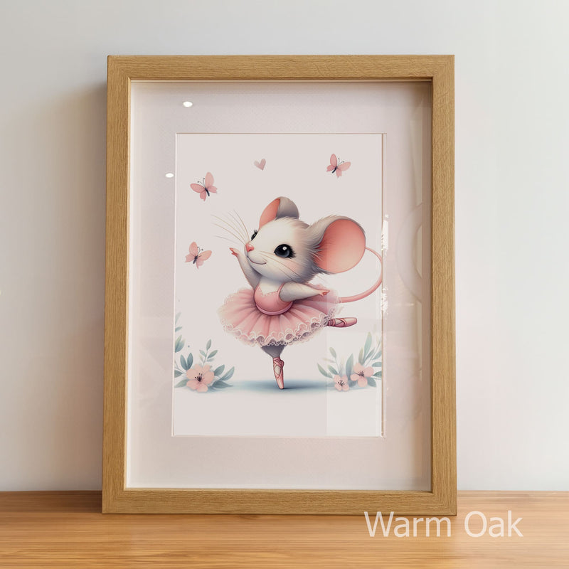 Framed artwork of a ballerina mouse with butterflies and flowers on a light background.