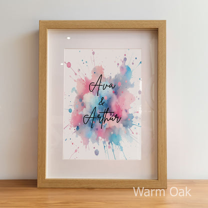 Framed artwork with watercolor design and text 'Ava & Arthur' on a light background.
