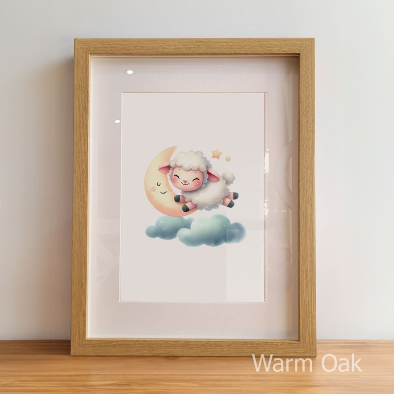 Framed artwork of a cartoon sheep on a cloud with 'Warm Oak' branding.