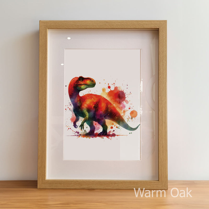 Framed artwork of a colorful dinosaur on a white background