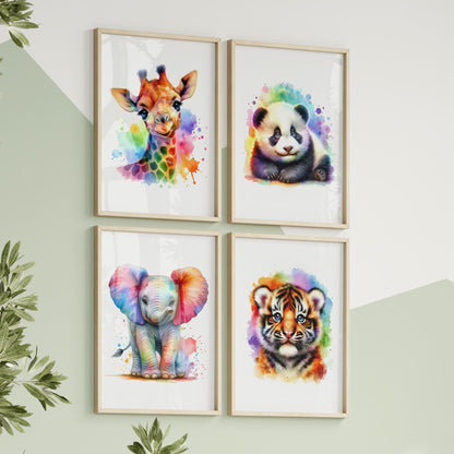 Set of four A4 prints featuring multicoloured animals - elephant, giraffe, tiger cub, and panda. The animals are depicted in a vibrant watercolour style with multiple colours. The prints are very bright and colourful, adding a lively touch to any space.