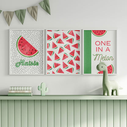 Watermelon-themed personalised nursery wall art featuring a set of three prints – one with a pink watermelon slice and child’s name, one with a scattered watermelon pattern, and one with the phrase "One in a Melon". Fun fruit-themed decor for baby or toddler rooms.