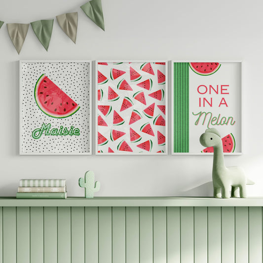 Watermelon-themed personalised nursery wall art featuring a set of three prints – one with a pink watermelon slice and child’s name, one with a scattered watermelon pattern, and one with the phrase "One in a Melon". Fun fruit-themed decor for baby or toddler rooms.