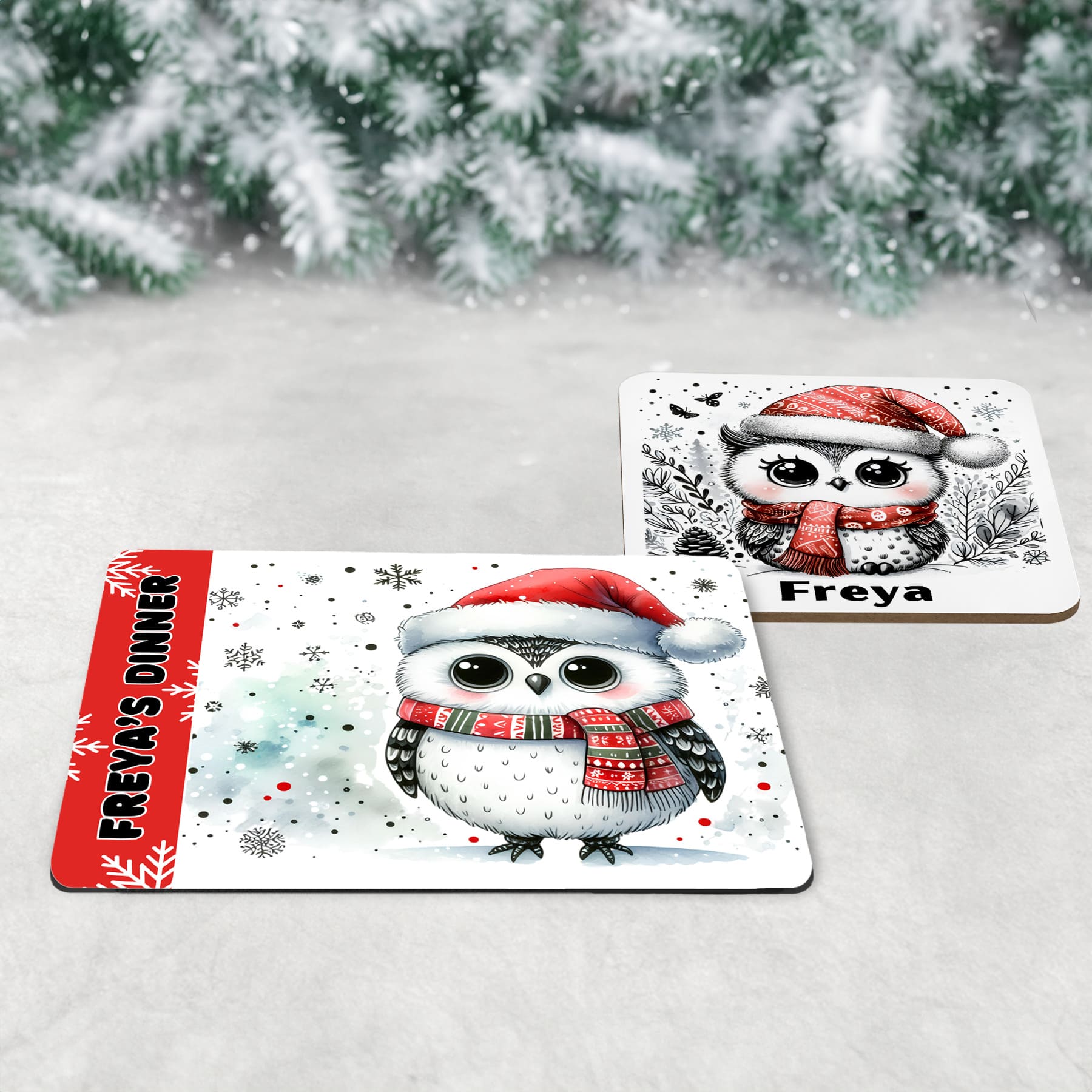 Christmas mug, coaster and placemat set featuring cute owls in santa hats and scarves. All personalised with childs name